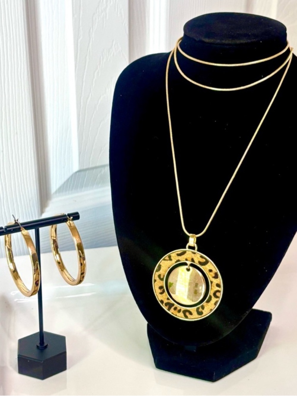 Nine West Gold Tone Leopard Print Necklace and Hoop Earrings Set